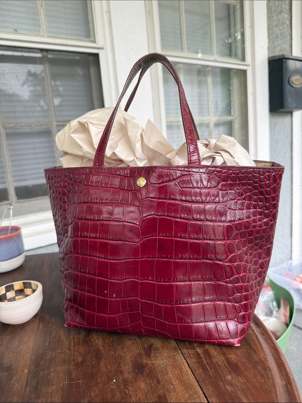 Elizabeth and James Croc-Embossed Wine Red Tote Satchel